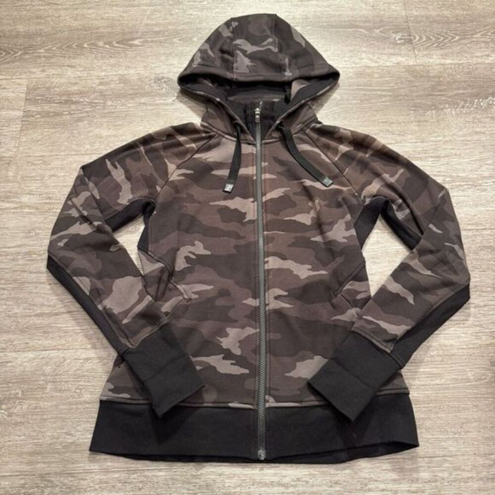 Athleta Triumph Hoodie Womens S Camo Gray Cotton Poly Full Zip Fleece Sweatshirt